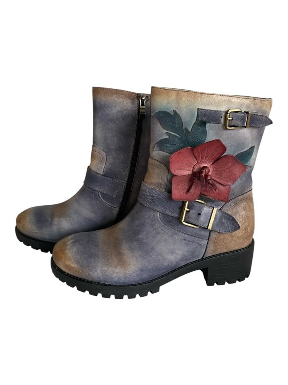 Socofy Leather Ankle Boots Vintage Wash Floral Appliqué Boho Sz 8.5 Narrow